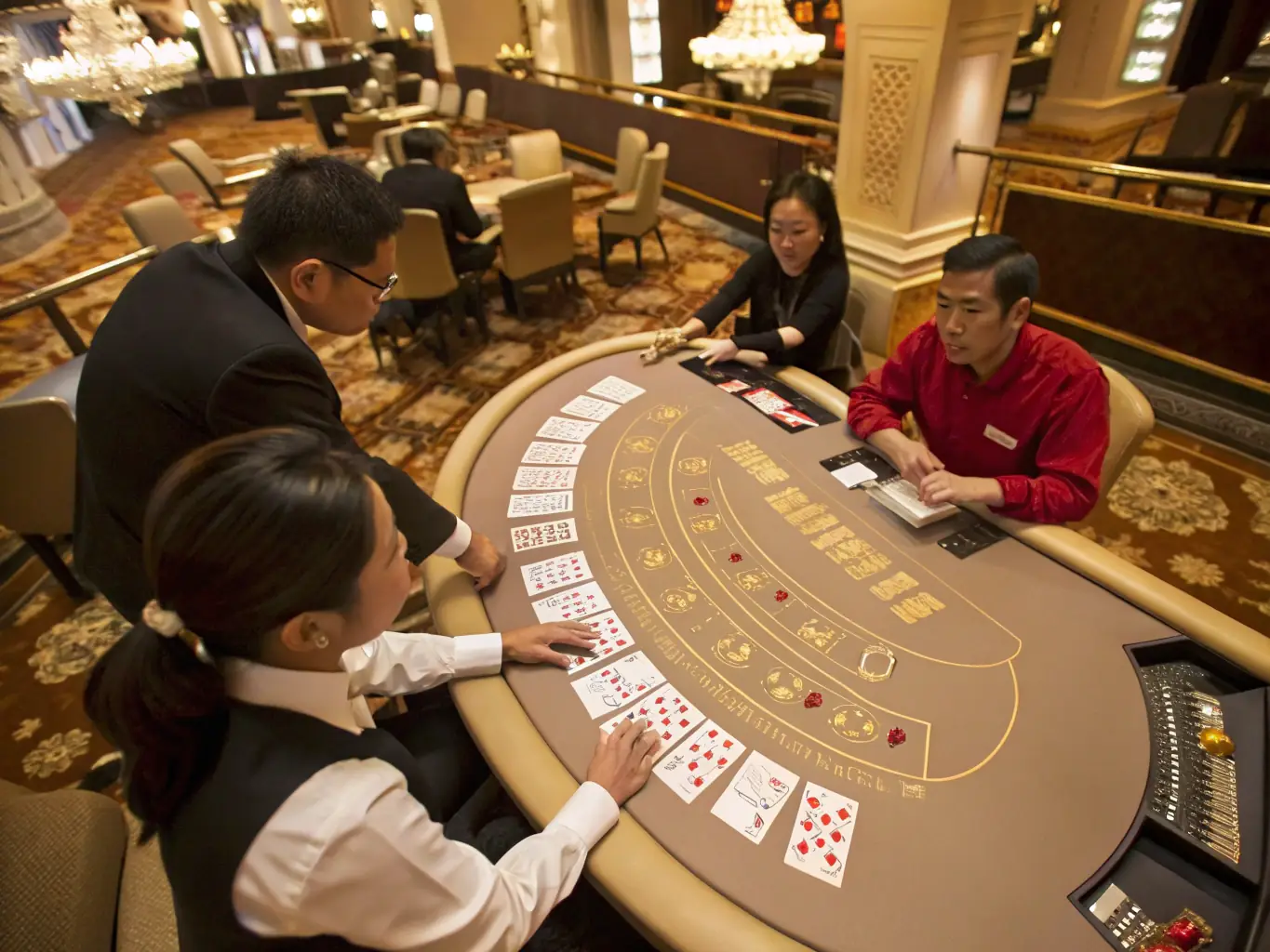 A close-up shot of a Baccarat table in a luxurious casino setting, with cards being dealt and chips stacked neatly. The image should convey elegance and excitement.