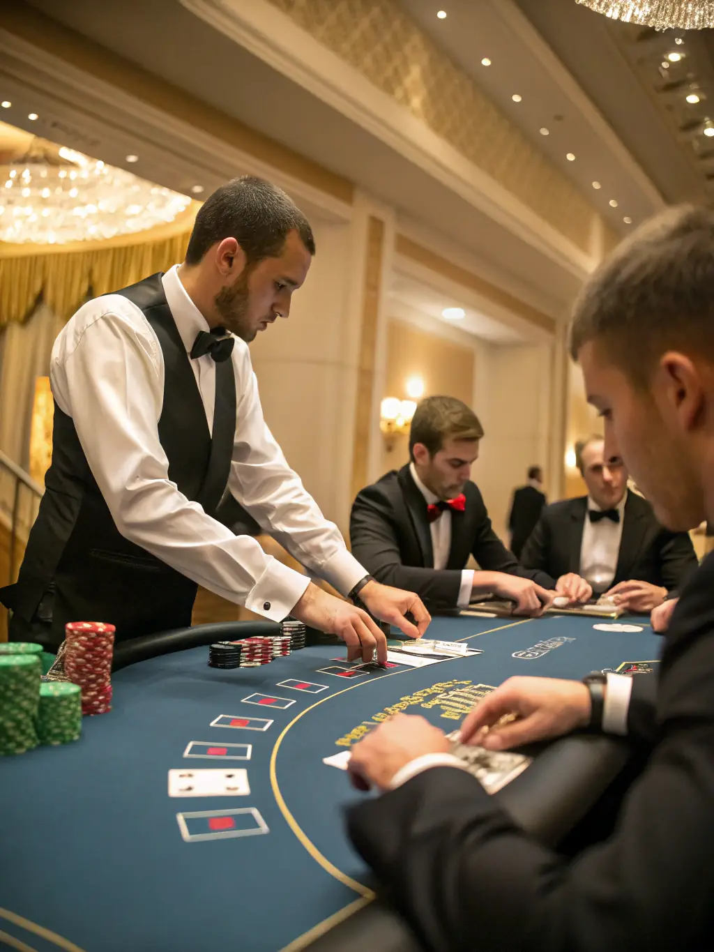 A professional Blackjack dealer dealing cards at a Blackjack table in TTC Game Club Hue, emphasizing the skill and strategy involved in the game.