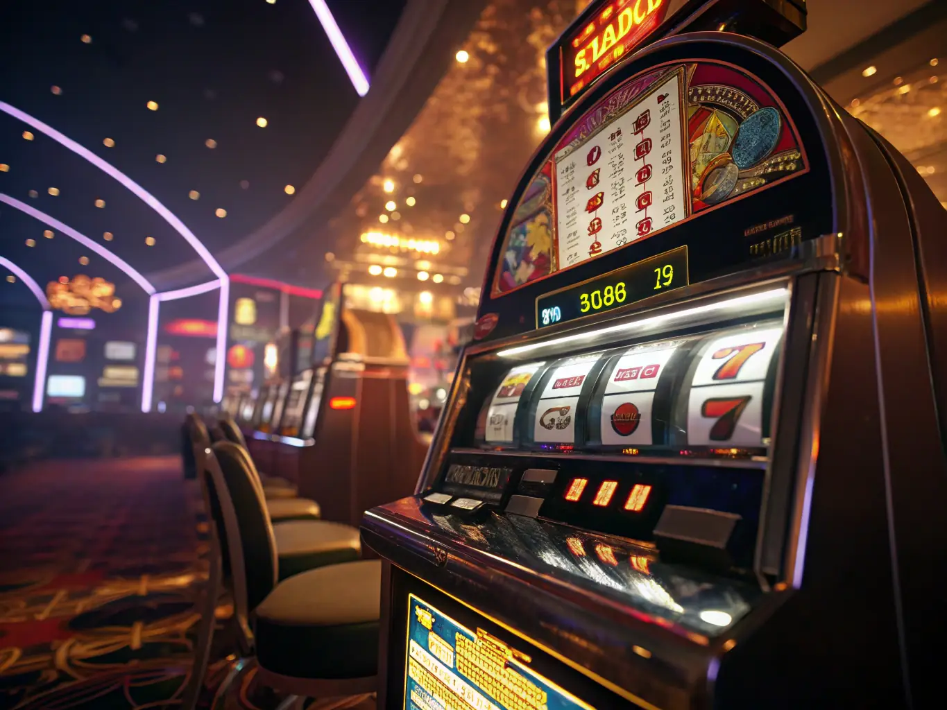 A vibrant and colorful image of various Slot Machines, with flashing lights and exciting graphics. The scene should convey the fun and potential rewards of playing slots.