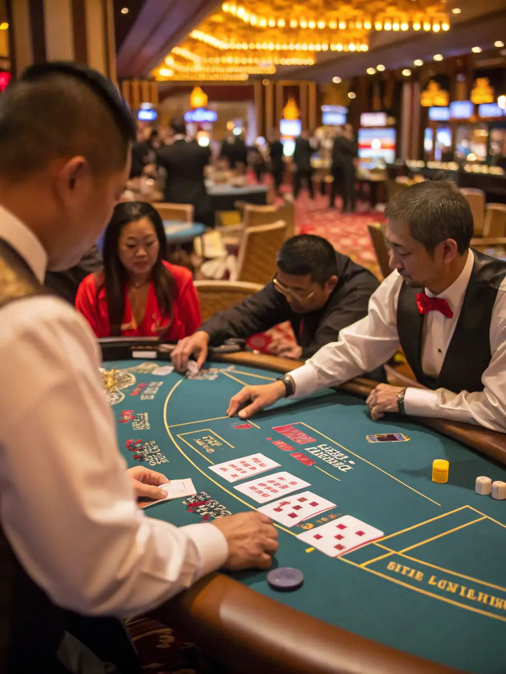 A close-up shot of a Baccarat table in TTC Game Club Hue, showcasing the cards and chips, with a focus on the elegant and luxurious setting.